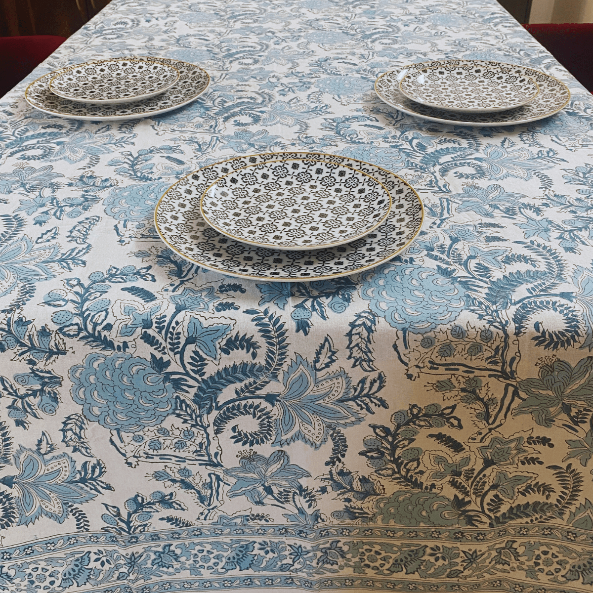 Blue Poppy 6 Seater Dining Table Cover, 100% Cotton, 60" x 90" - Coral Slub -